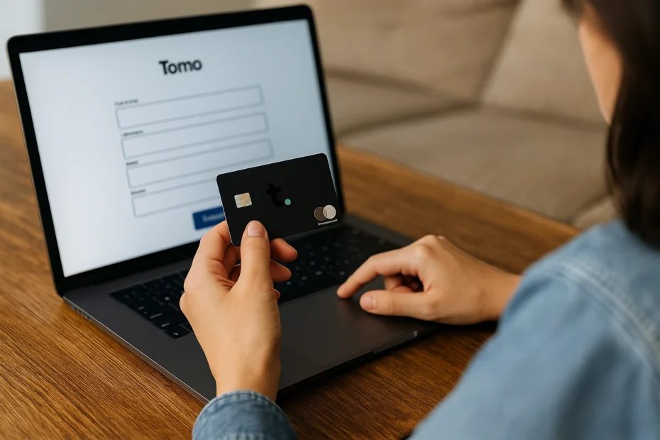 Persona aplicando en línea para la tarjeta de crédito Tomo desde su laptop