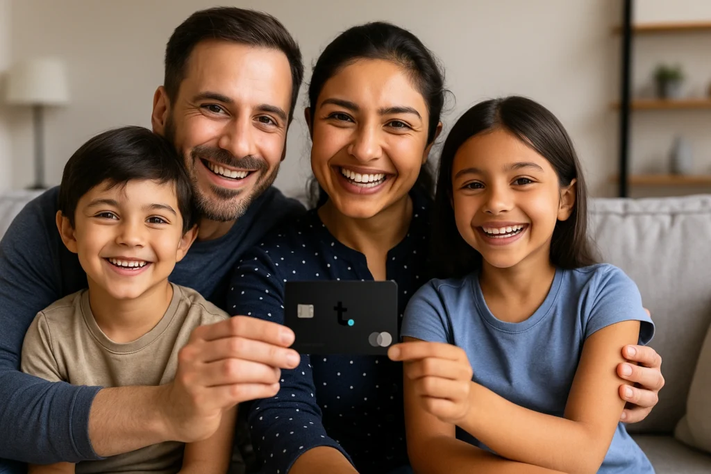Familia latina feliz aprobada para la tarjeta de crédito Tomo