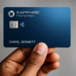 Mano sosteniendo la tarjeta de crédito Chase Sapphire Preferred con fondo desenfocado, ideal para artículos financieros.