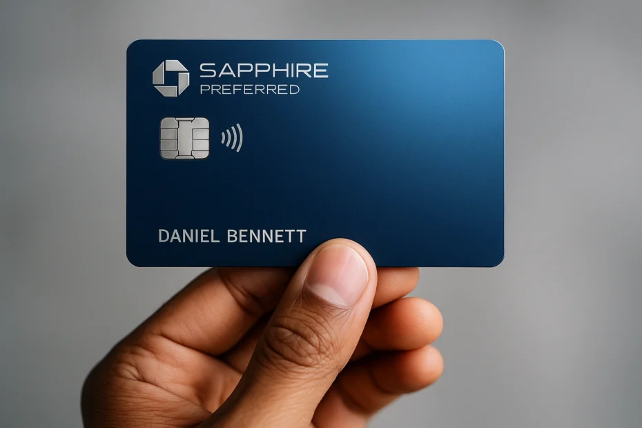 Mano sosteniendo la tarjeta de crédito Chase Sapphire Preferred con fondo desenfocado, ideal para artículos financieros.
