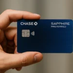 Mano sosteniendo la tarjeta Chase Sapphire Preferred Card en primer plano, fondo desenfocado