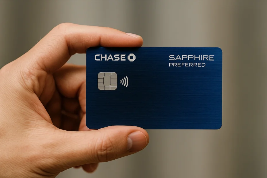 Mano sosteniendo la tarjeta Chase Sapphire Preferred Card en primer plano, fondo desenfocado