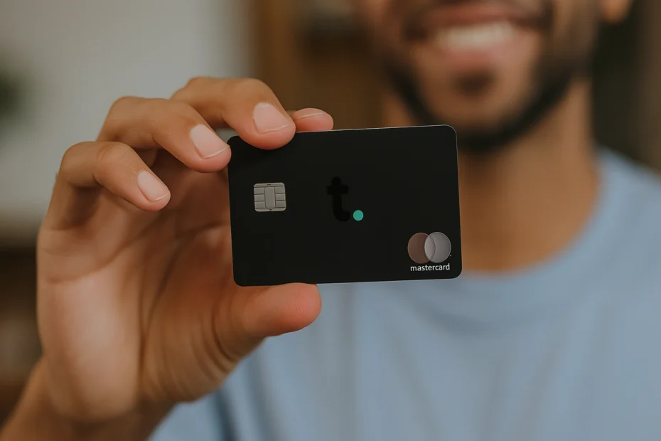 Persona sosteniendo una tarjeta Tomo Credit Card World Elite Mastercard en posición horizontal, fondo claro