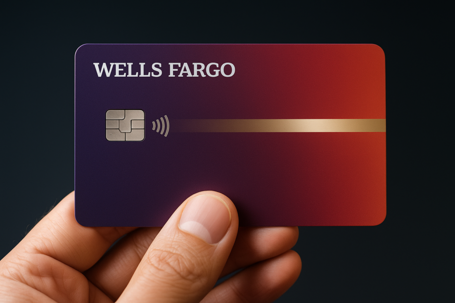 Mano sosteniendo una tarjeta de crédito Wells Fargo en posición horizontal