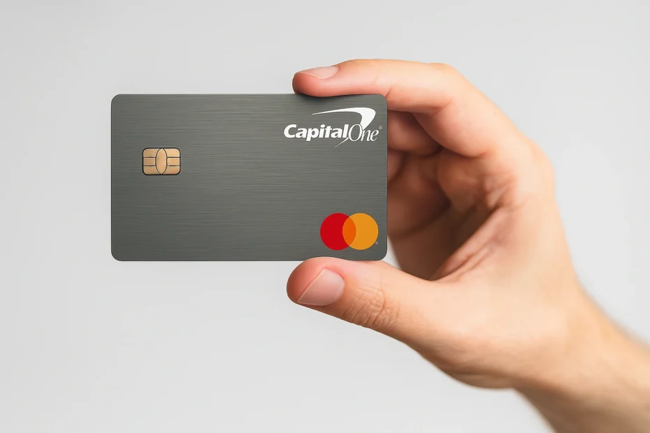Mano adulta sosteniendo una tarjeta Capital One en fondo neutro, imagen horizontal sin texto
