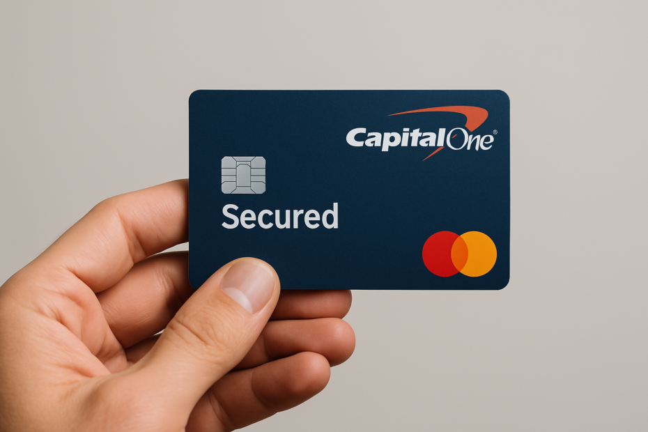 Mano sosteniendo la tarjeta Capital One Secured en posición horizontal