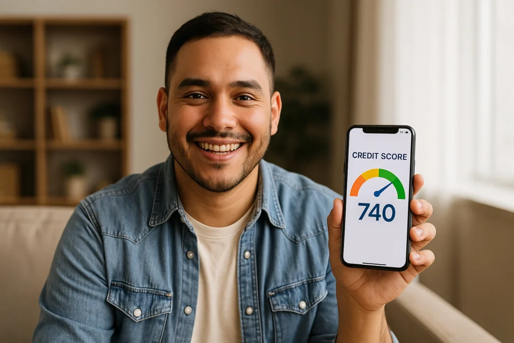 Hombre mostrando su score de crédito de 740 en un celular, sentado en una sala luminosa de Estados Unidos.