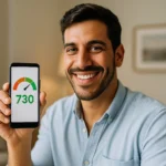 Persona feliz mostrando un puntaje de crédito de 730 en su celular, en una sala bien iluminada en Estados Unidos.