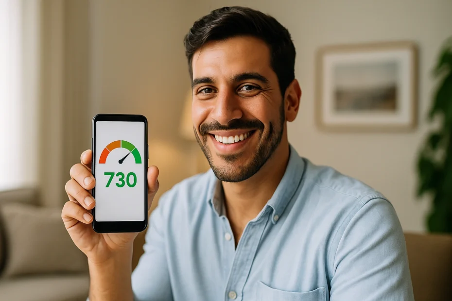 Persona feliz mostrando un puntaje de crédito de 730 en su celular, en una sala bien iluminada en Estados Unidos.