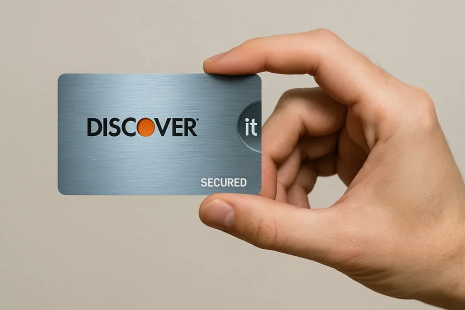 Mano sosteniendo la tarjeta Discover it Secured con fondo neutro horizontal